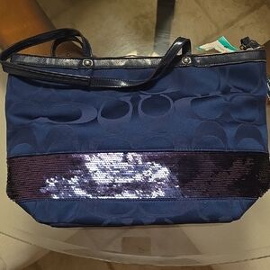 Coach Navy Tote with Purple Sequin Accent